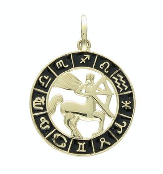 Złota zawieszka 585 znak zodiaku Strzelec z czarną emalią w kółku ZA 7310E.jpg